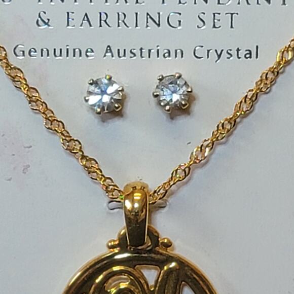 L Initial Earrings Necklace Pendant Set Genuine Austrian Crystal Gold Jewelry - Picture 3 of 5